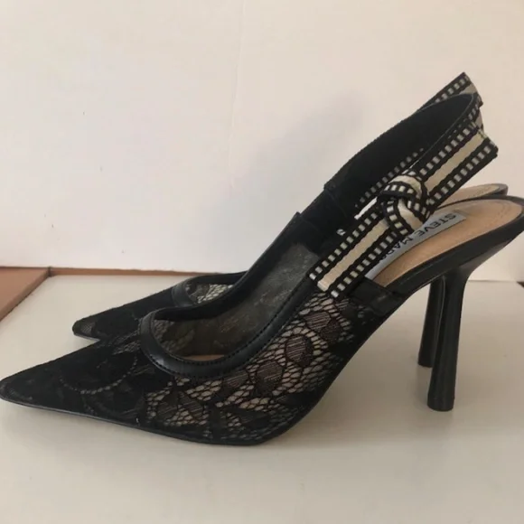 Steve Madden Bri Black Lace Ribbon Pointed-Toe Slingback Pumps - Main Image